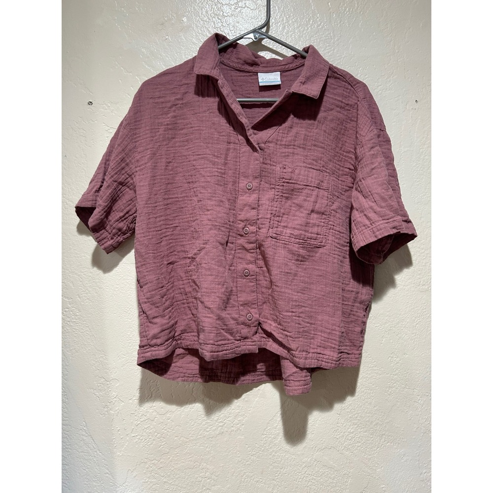 Columbia Womens Mauve Double Gauze Short Sleeve Button Down Shirt Size Large